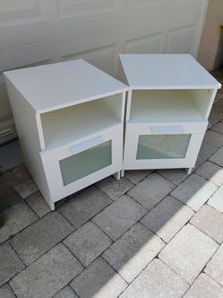 2 Brimes nightstand. Top open shelf and lower drawer with frosted glass front. 21H 16W 16D