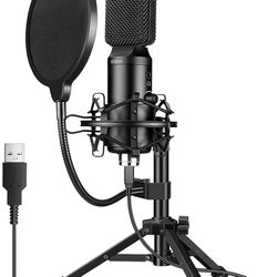 Studio USB Recording Microphone with Stand, Condenser Mic for PC/MAC/Laptop, Desktop Recording Mic with Pop Filter for Streaming/YouTube/Podcast, Head