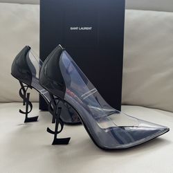YSL Clear Black Point Toe Heel Pumps 