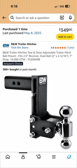 B&W Trailer Hitches Tow & Stow Adjustable Trailer Hitch Ball Mount - Fits 2.5" Receiver, Dual Ball (2" x 2-5/16"), 7" Drop, 18,000 GTW - TS20040B