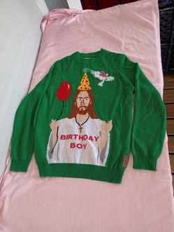 TIPSY ELVES Men’s Size Large Ugly Christmas Sweater JESUS BIRTHDAY BOY Green