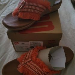 NEW Fitflop SANDALS 7 Ava Crystalstone Fringy Coral Lava MSRP $120