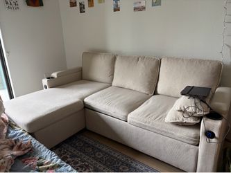 Convertible beige wayfair sofa bed with outlets and storage