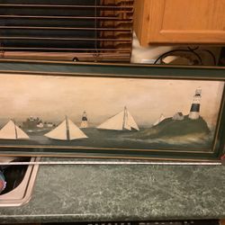 David Carter Brown “Sailing Ships II” print signed and professionally framed approximately 40.5” wide framed, artwork is 35.5” wide, 16” tall 1” deep.