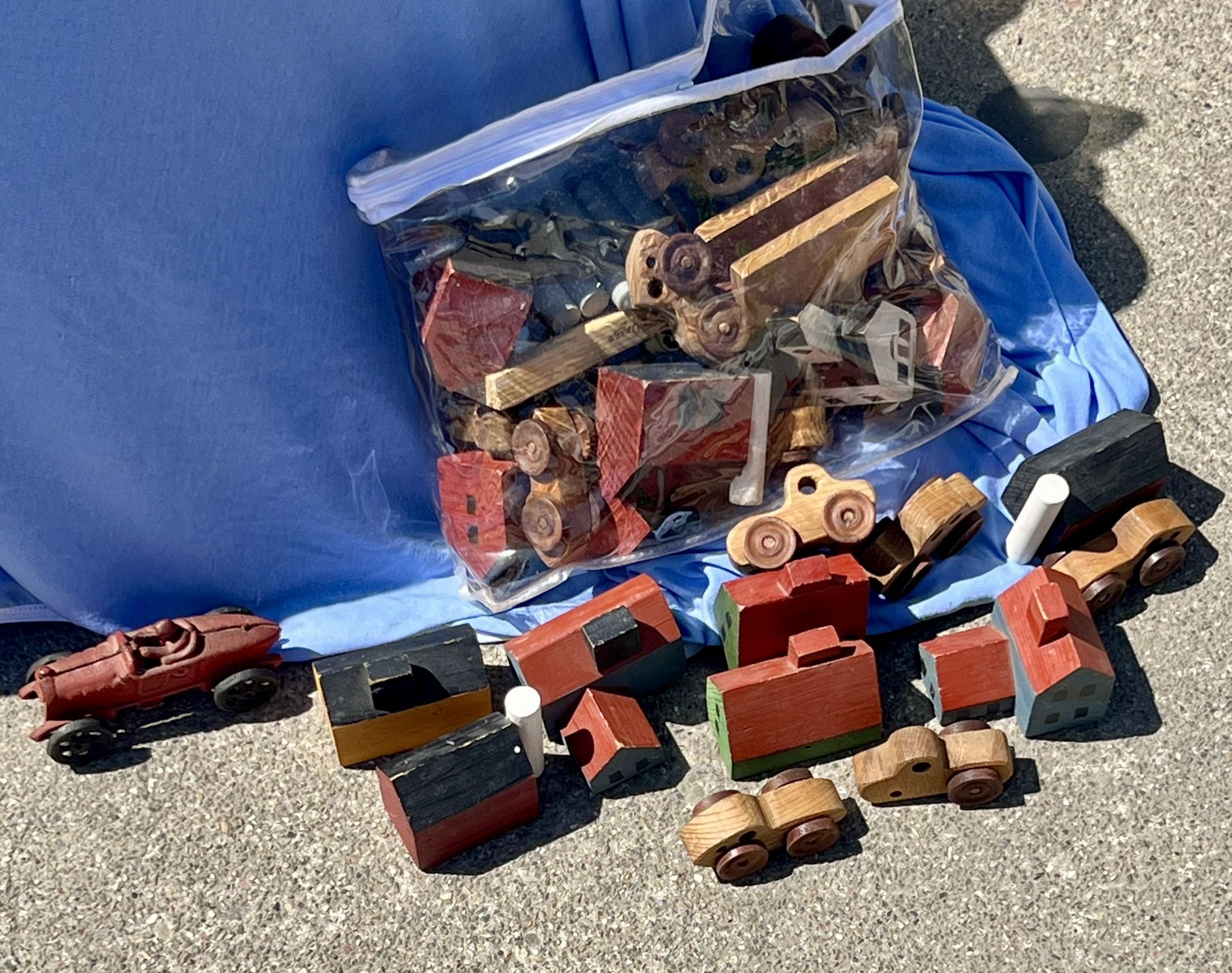 CONTAINER OF ANTIQUE WOOD CARS 