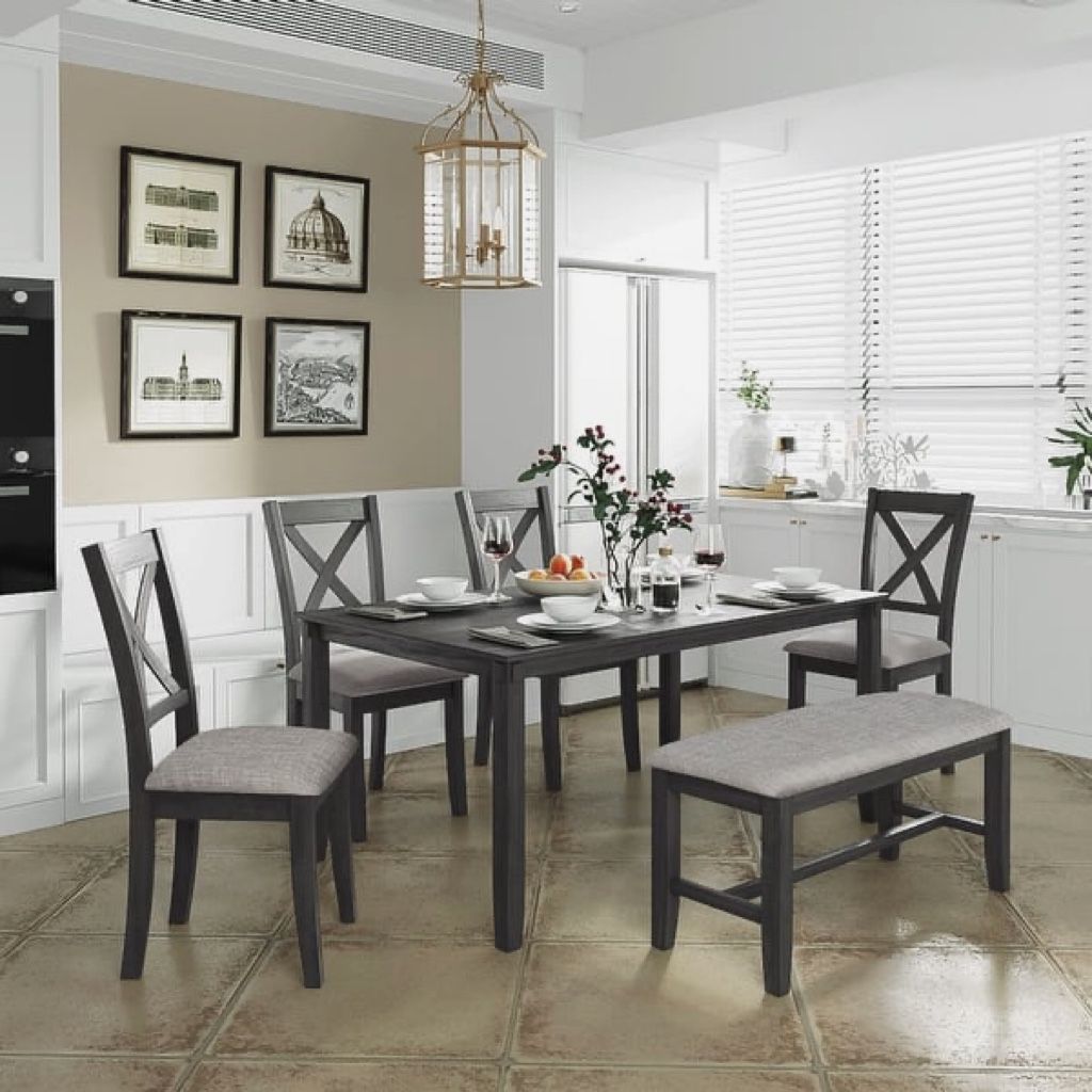 6-Pc Gray Wood Dining Set : Classical Dining Table + 4 Upholstered Chairs + Bench [NEW]