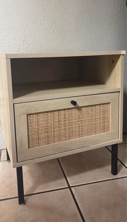 cream rattan side table