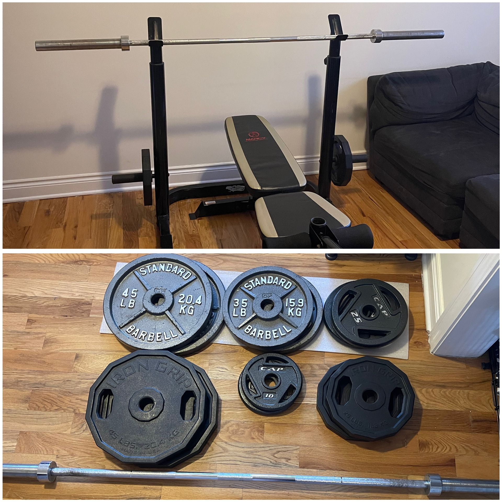 Olympic Weights & Barbell + Bench & Squat Rack