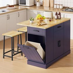 47" Kitchen Island with Trash Can Storage, Include 2 Chairs, Blue Stationary Island Table with Drop Leaf & Power Outlet, 3-Tier Spice Rack & Storage C