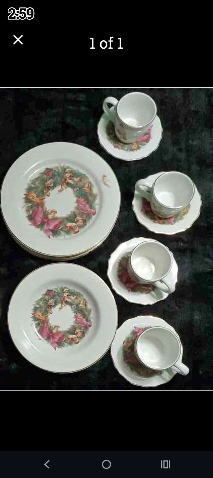 RARE Vintage Complete 20 Piece Set Disney Gold Rim Christmas Wreath Character China 