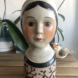 Folk Art Style Ceramic Hand Painted Lady Head Vase 9.5”