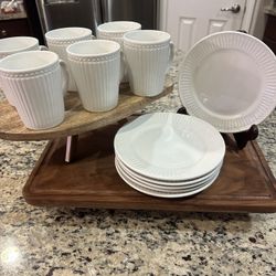 Set Of 12 white fluted dinnerware set. Plates And Cups