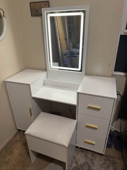 White Vanity Desk with LED Mirror and Stool