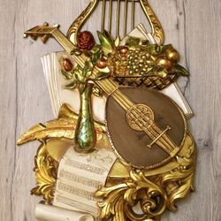 Antique Syroco 1971 Still Life Wall Hanging / Music, Fruit, Florals, Golden, Metallic, Lyre, Mandola, Elf 