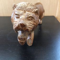 Lion Sculpture Figurine Hand Carved Wooden Folk Art