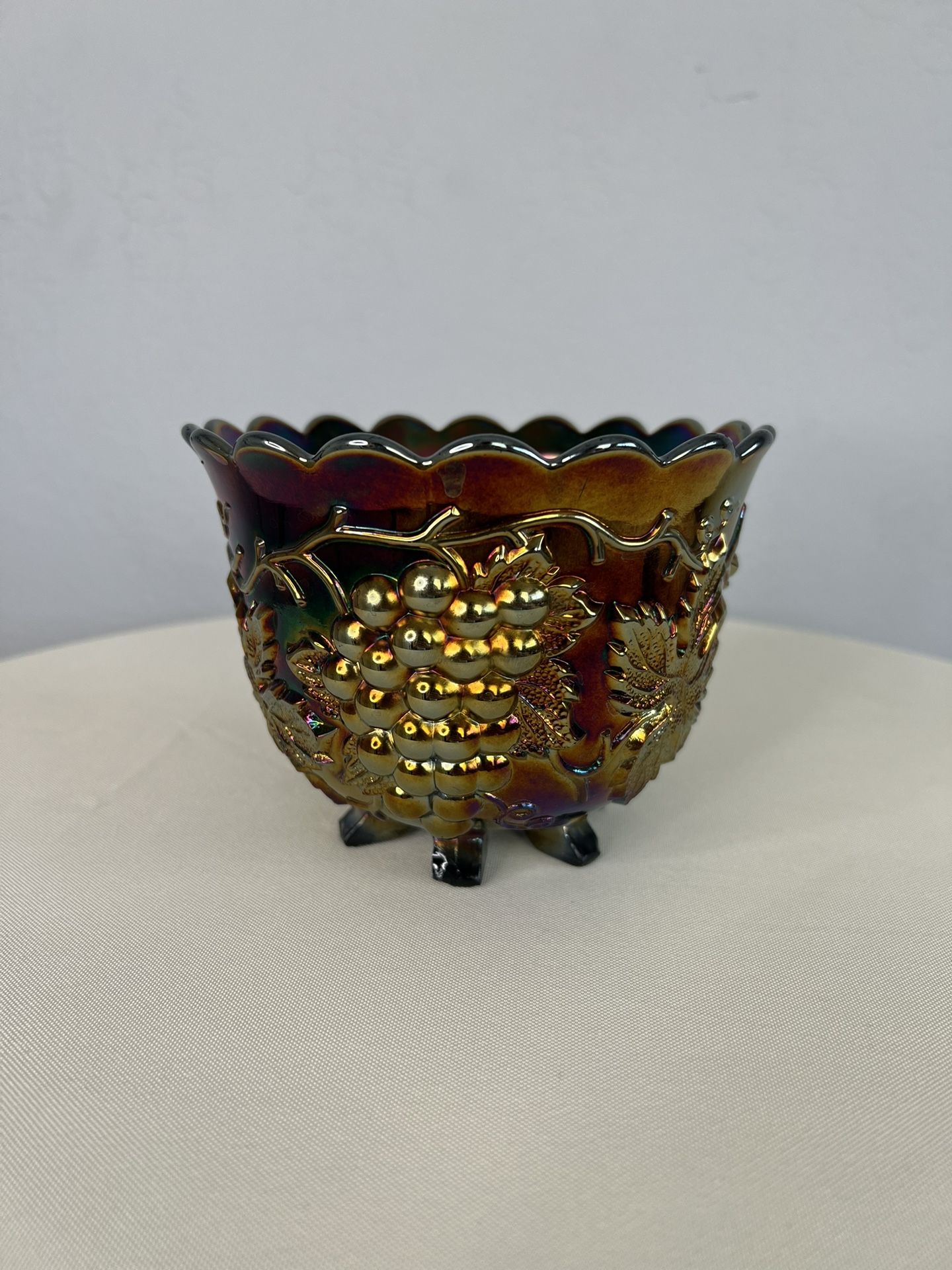 Antique Dugan Amethyst Carnival Glass Grape Delight Footed Nut Bowl