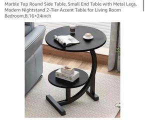 Marble Top Round Side Table, Small End Table with Metal Legs, Modern Nightstand 2-Tier Accent Table for Living Room Bedroom,A,14x22inch