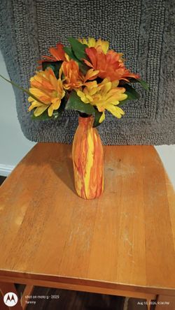 Faux Autumn Floral Arrangement in Swirl Paint Bottle Vase – Fall Decor