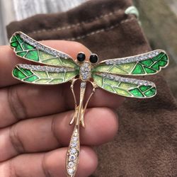 Vintage Enamel Crystals Dragonfly Brooch