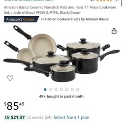 Amazon Basics Ceramic Nonstick Pots and Pans 11 Piece Cookware Set, made without PFOA & PTFE, Black/Cream