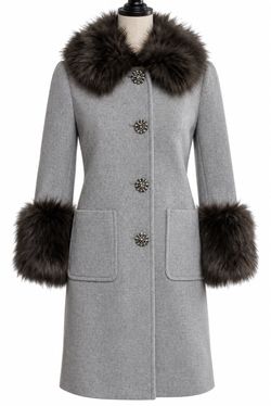 Kate Spade Star Bright Wool Coat Faux Fur Crystal Jewel Buttons Gray