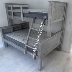Solid Wood Full Twin Bunk Bed And 2 Mattresses 