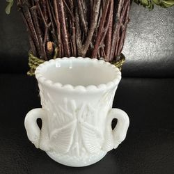 Westmoreland Milk Glass Toothpick Holder features 3 Swan handles "Swans in the Rushing" Motif 1950's