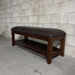 One Heavy Solid Wood and Leather Bench with Storage Shelf