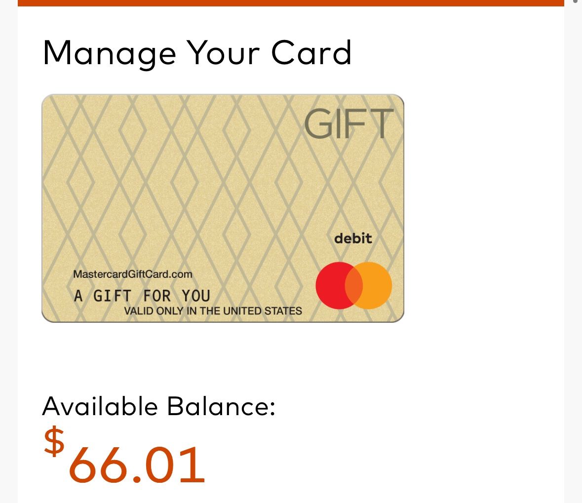 Master Card Gift Card With 66 Dollars On It