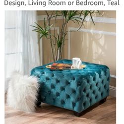 Glam Velvet Ottoman, Button Tufted Design, Living Room or Bedroom, Teal
