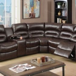 Brand New Brown Leather Reclining Sectional Sofa 