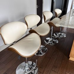 Set of 4 Leather & Wood Counter Stools (Metal Base)