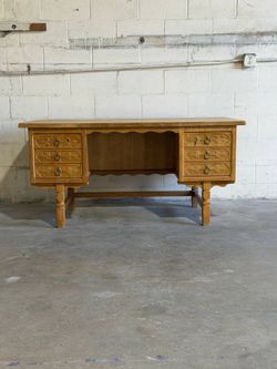Vintage Danish Oak Executive Desk by Henning Kjaernulf, 1960s Carved Writing Desk