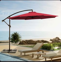 Red Offset Cantilever Outdoor Patio Umbrella with Weight Base