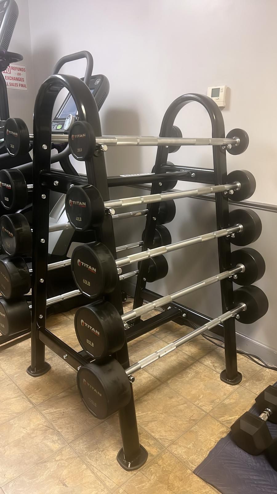 Titan Rubberize Straight Barbell Set 20-110 with Titan Barbell Rack. Commercial Gym Equipment.