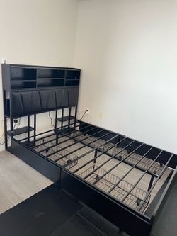 Black full metal bed frame with 4 drawers