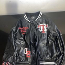 True Religion Black Leather Jacket with Red and White Details