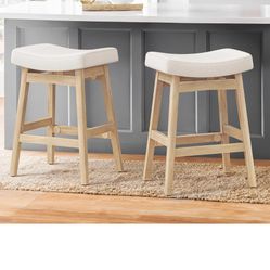 Bar Stools Set of 2, Barstools with Sturdy Wood Legs, Saddle Seat Counter Height Bar Stools for Kitchen Counter, Bar, Dining, 24 Inch Farmhouse Counte