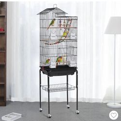 Roof Top Birdcage Parrot Cage with Detachable Rolling Stand Wrought Iron, Black