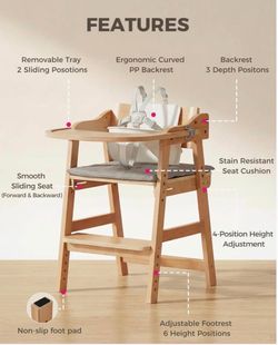 Wooden Baby High Chair for Babies, Toddler & Adult Up to 330Lbs, Anti-Tip Adjustable High Chair with Detachable Tray, Baby Sets, Soft Cushion, Ergonom
