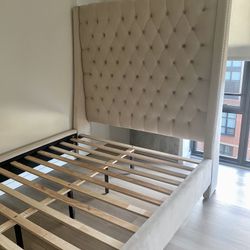 Cream Tufted Velvet Queen Bed Frame - XL Headboard -  New