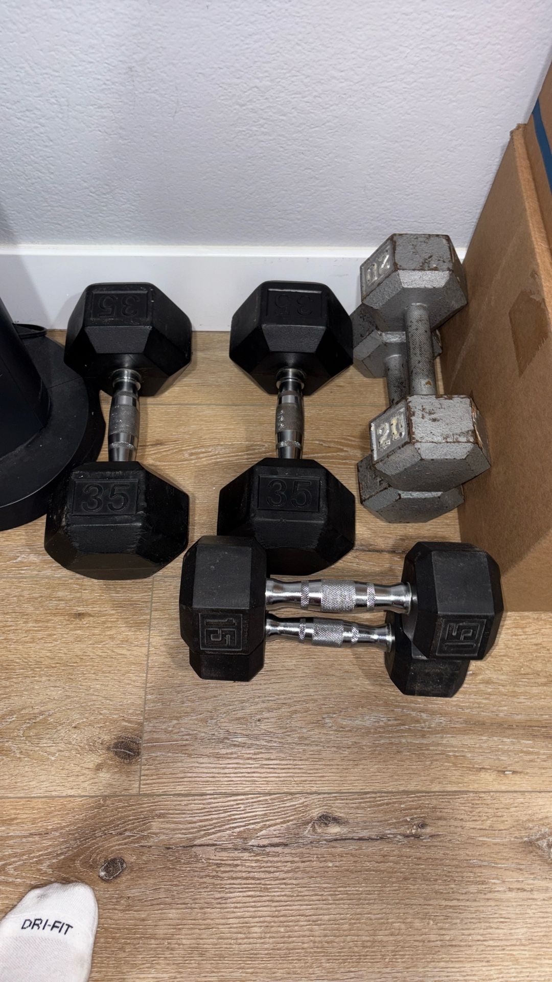 Dumbells: 35lbs, 20lbs, 15lbs