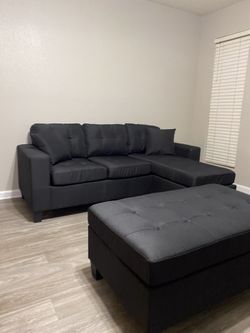 Naomi Black Linen Reversible Sofa Chaise & Ottoman 