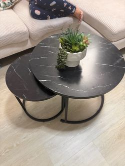 Round Nesting Coffee Table Set Black Marble