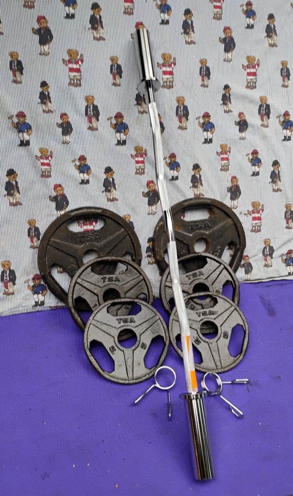 TSA OLYMPIC PLATES (PAIRS OF) : 25s 10s 5s & NEW EZ CURL BAR
