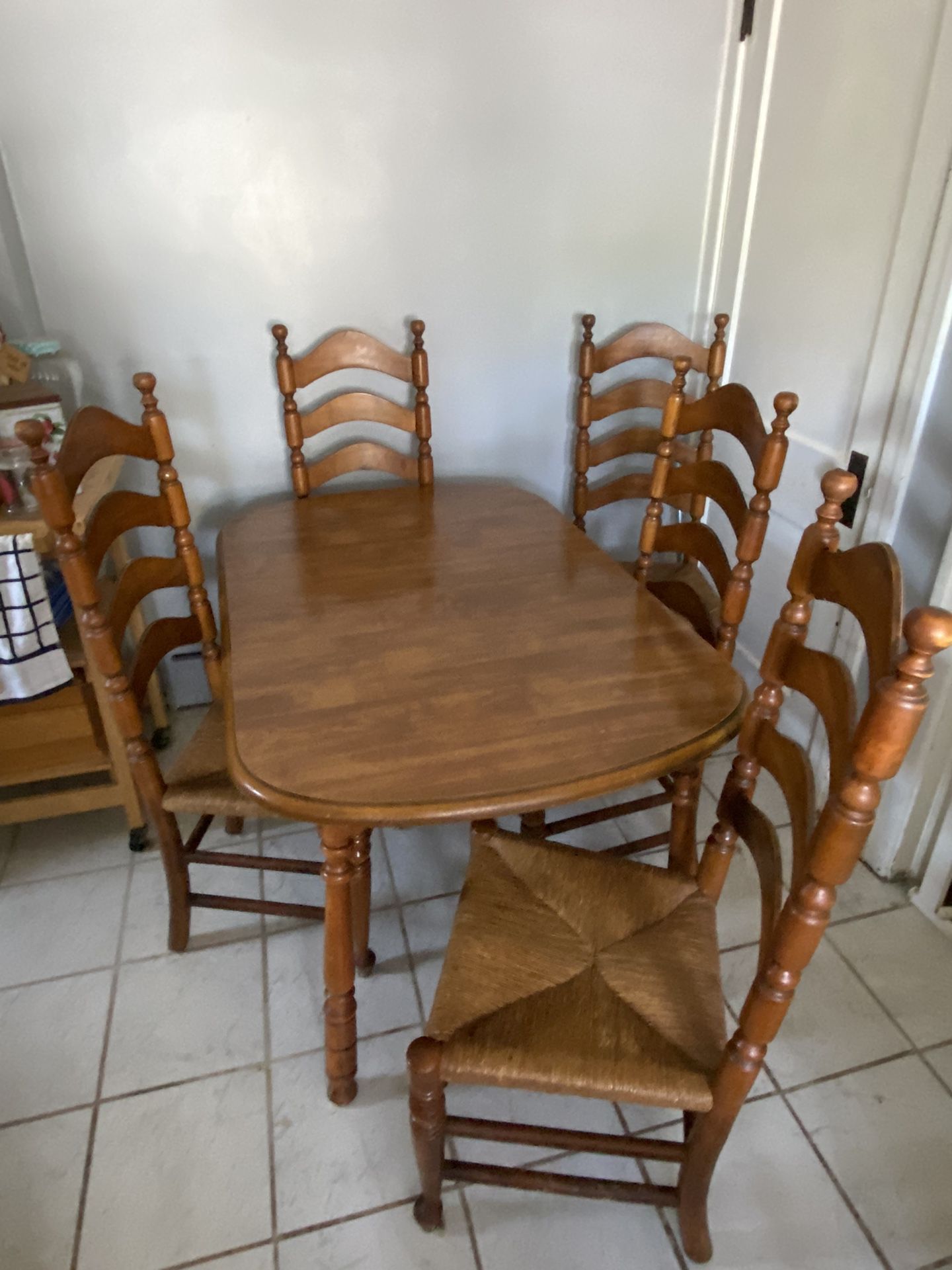 Antique Solid Oak Kitchen Table With Ladder Back Chairs 