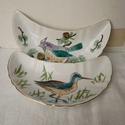 hand-painted Bird design bone dish gold trim porcelain dish