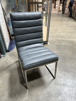 Set Of 8 Grey Leather And Chrome Dining Chairs