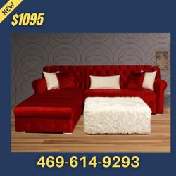 Red Velvet Sectional With Pillows 