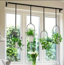 4pcs Adjustable Metal Hanging Planters with 4 Plastic Pots - Indoor/Outdoor Wall & Ceiling Mount, Black Geometric Design, Lightweight Durable Metal & 